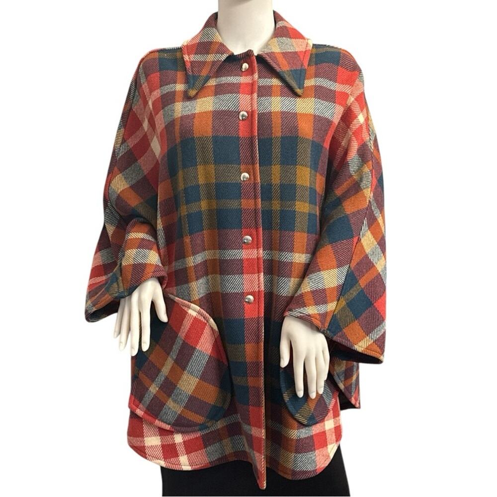 Vintage 1960s Pendleton Wool Plaid Medium Poncho Boho Hippie Western Cape - Picture 2 of 8